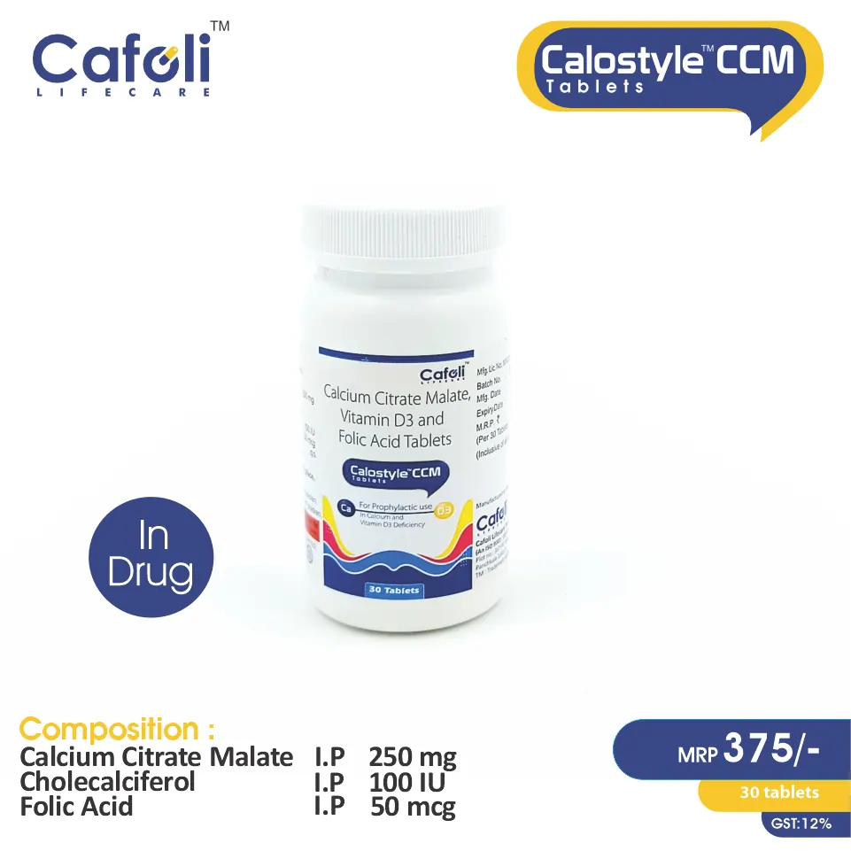 Calcium Citrate Malate, Vitamin D3 & Folic Acid Tablets at the best price in PCD Pharma Franchise for bone health.